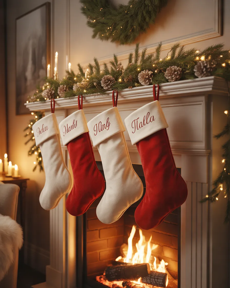 Fireplace-Decor-With-Hanging-Christmas-Stockings