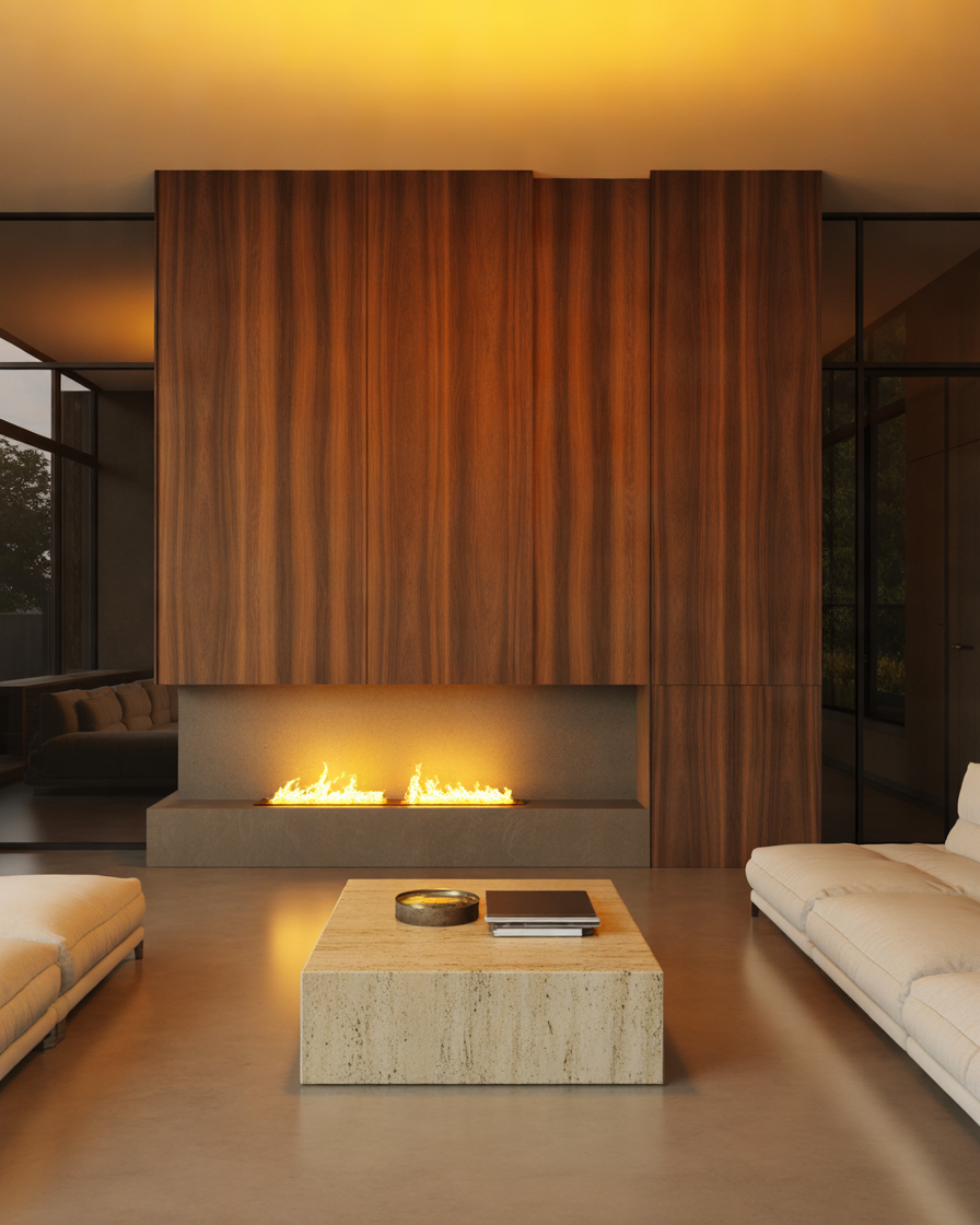 Fireplace-With-Wooden-Accent-Wall-for-a-Warm-Contemporary-Atmosphere