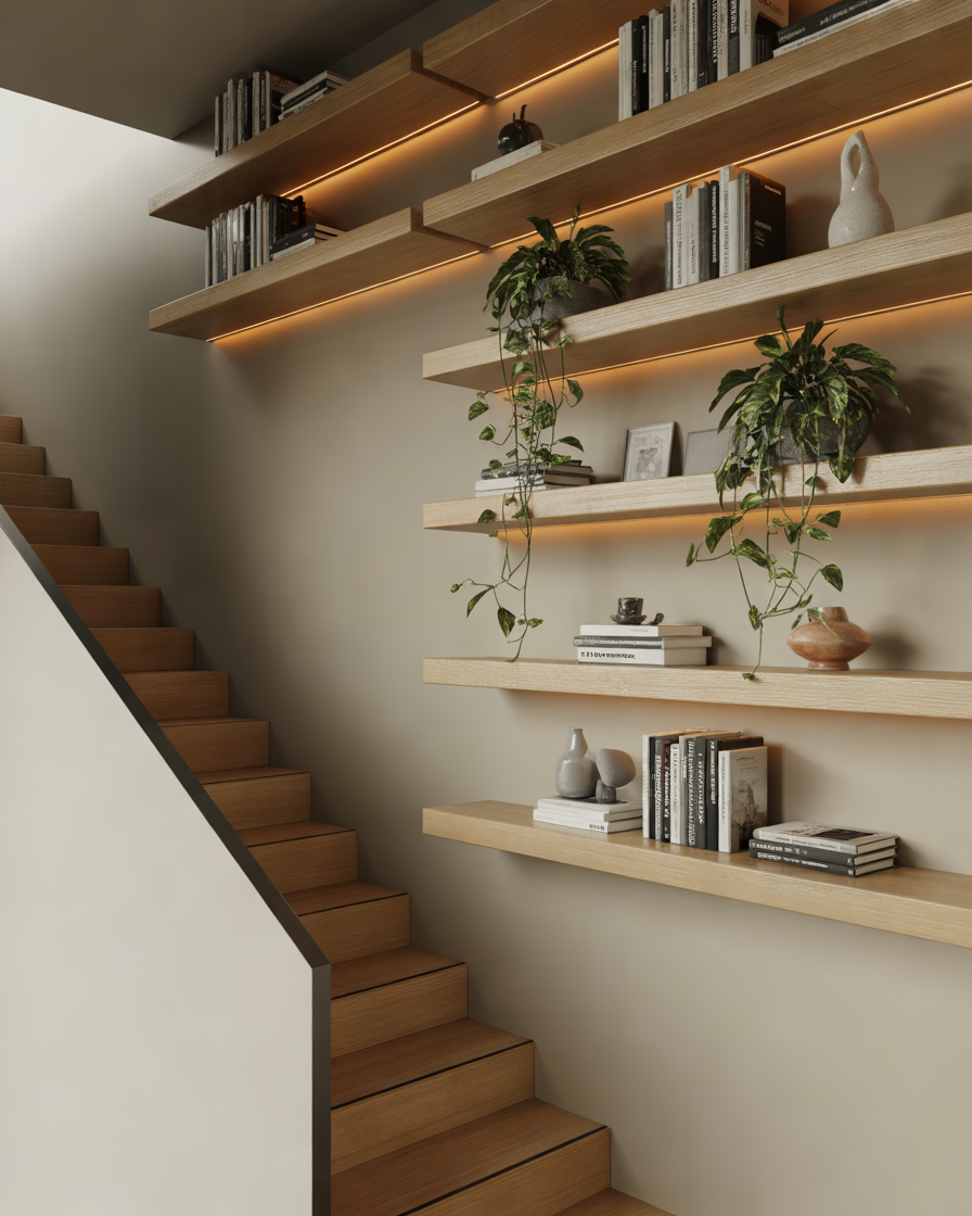 Floating-Shelves-Design-Along-the-Staircase-Wall