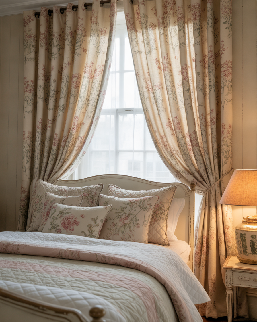 Floral-Patterned-Blackout-Curtains-for-a-Charming-Cottage-Bedroom