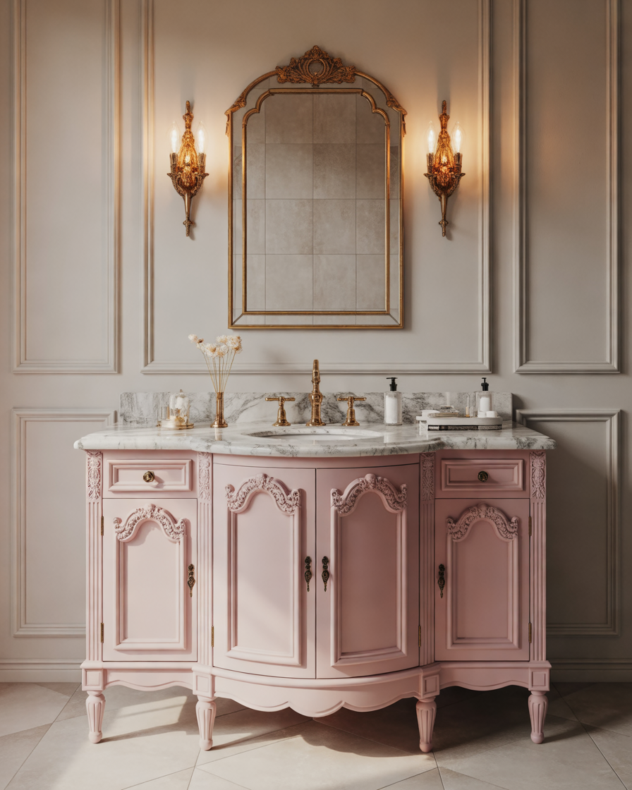Freestanding-Pink-Vanity-With-Classic-Cabinet-Details