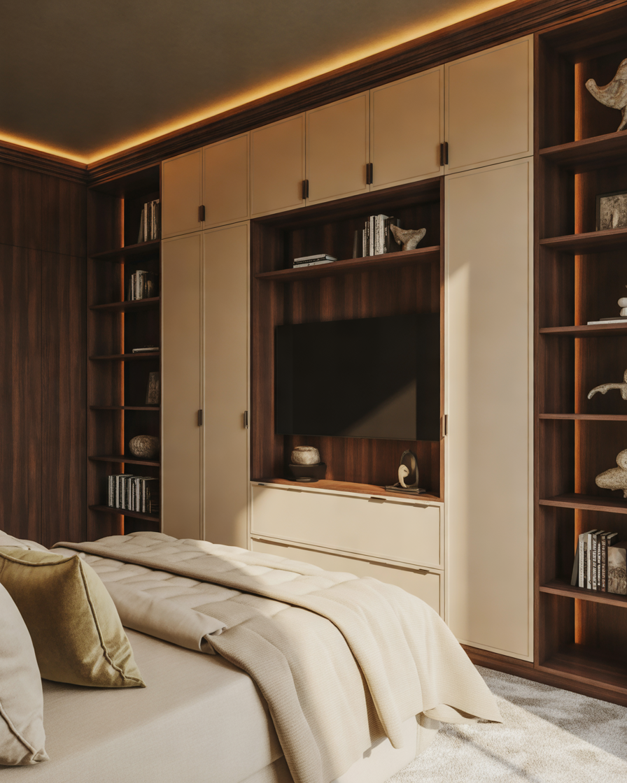 Full-Wall-Wardrobe-With-Integrated-Television-Design