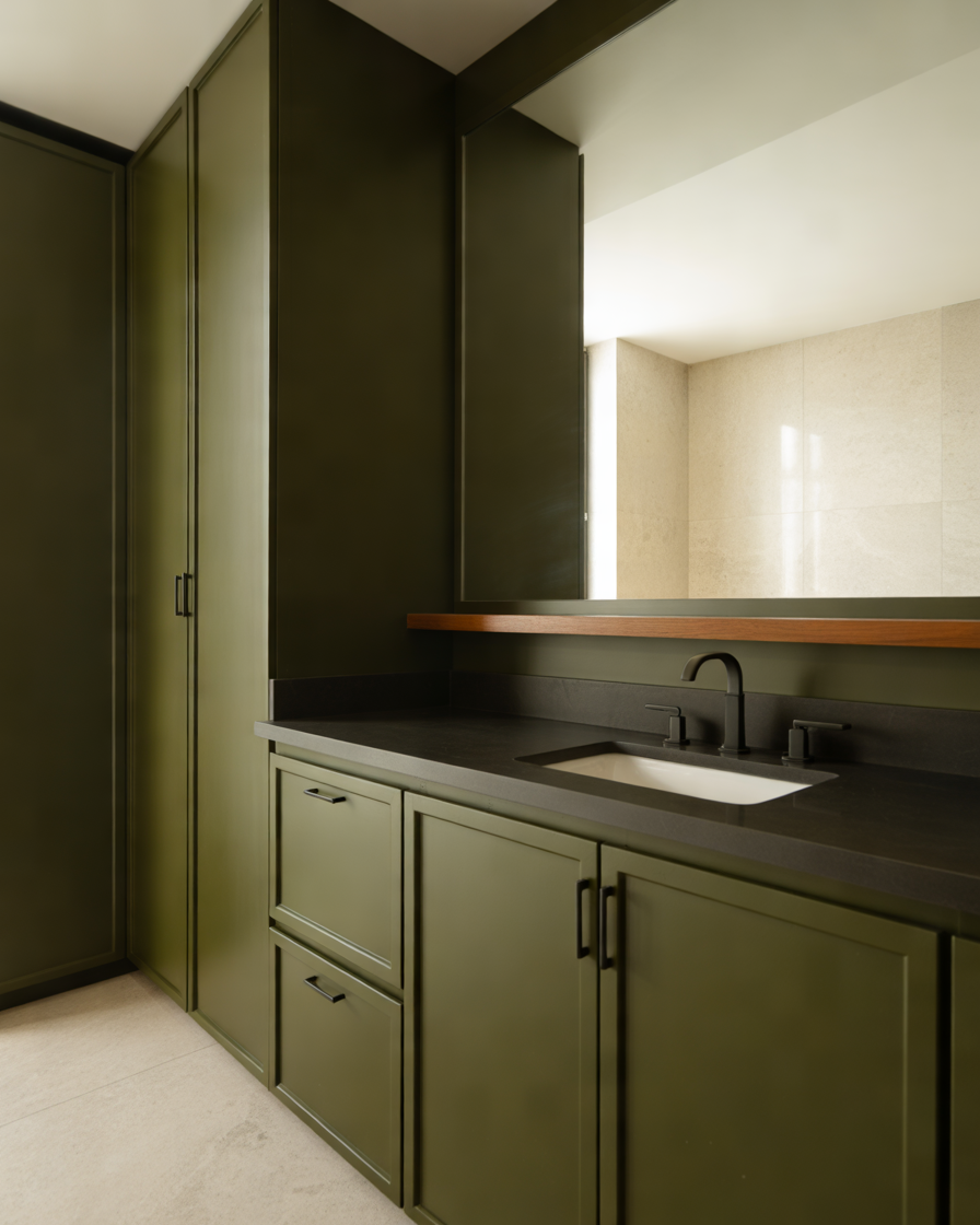 Green-Bathroom-Cabinets-with-Black-Countertops-for-a-Bold-Contrast