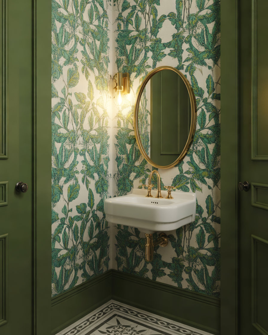 Green-Leaf-Print-Powder-Room-Wallpaper