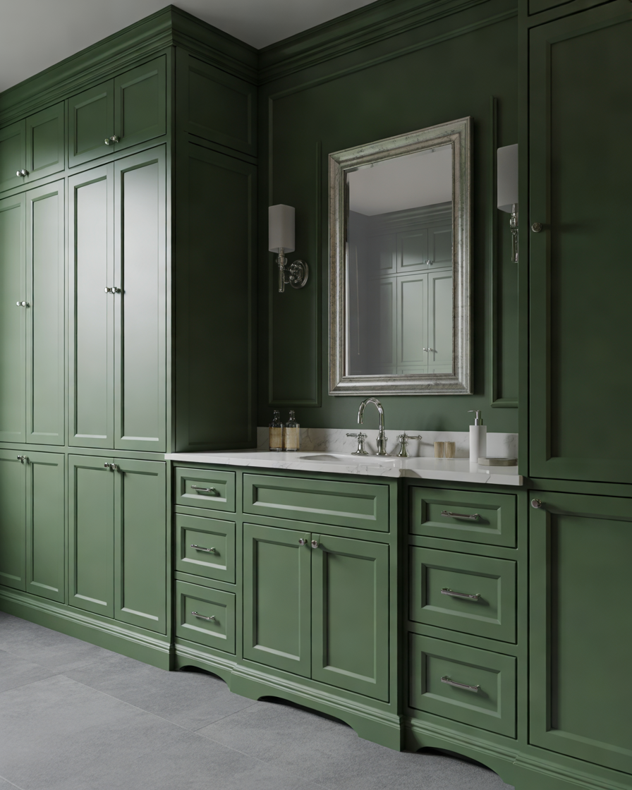 Hunter-Green-Bathroom-Cabinets-with-Classic-Marble-Countertops