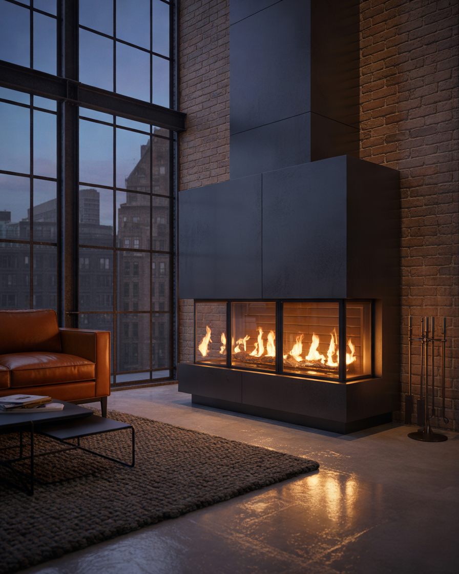 Industrial-Black-Metal-Three-Sided-Fireplace