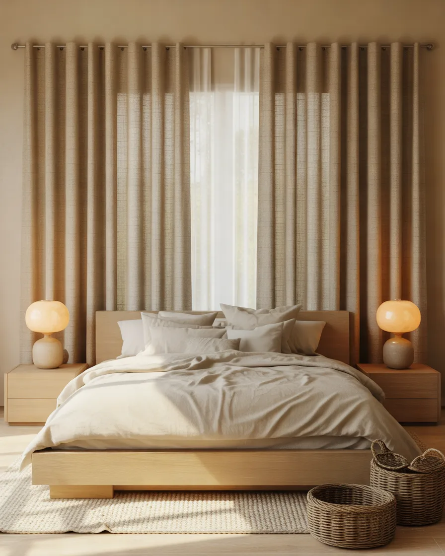 Linen-Look-Beige-Blackout-Curtains-for-a-Cozy-Minimalist-Bedroom