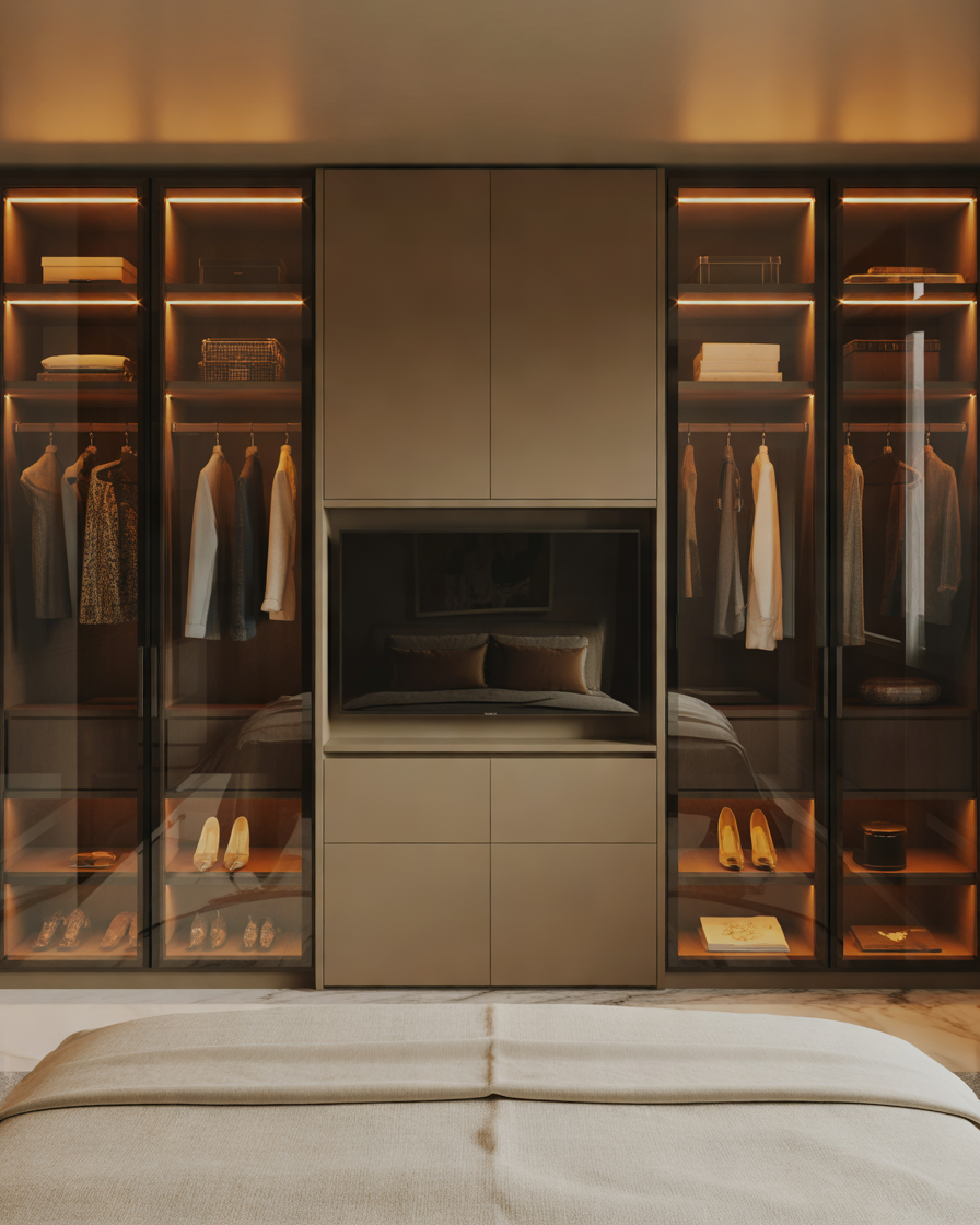 Luxury-Glass-Wardrobe-With-Built-In-TV-Section