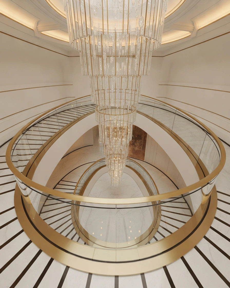 Luxury Marble and Gold Staircase Ceiling Design