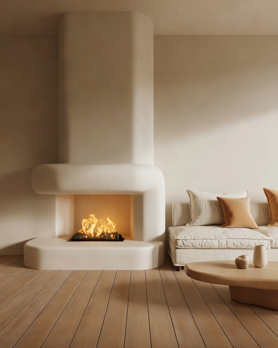 Minimalist-White-Plaster-Three-Sided-Fireplace