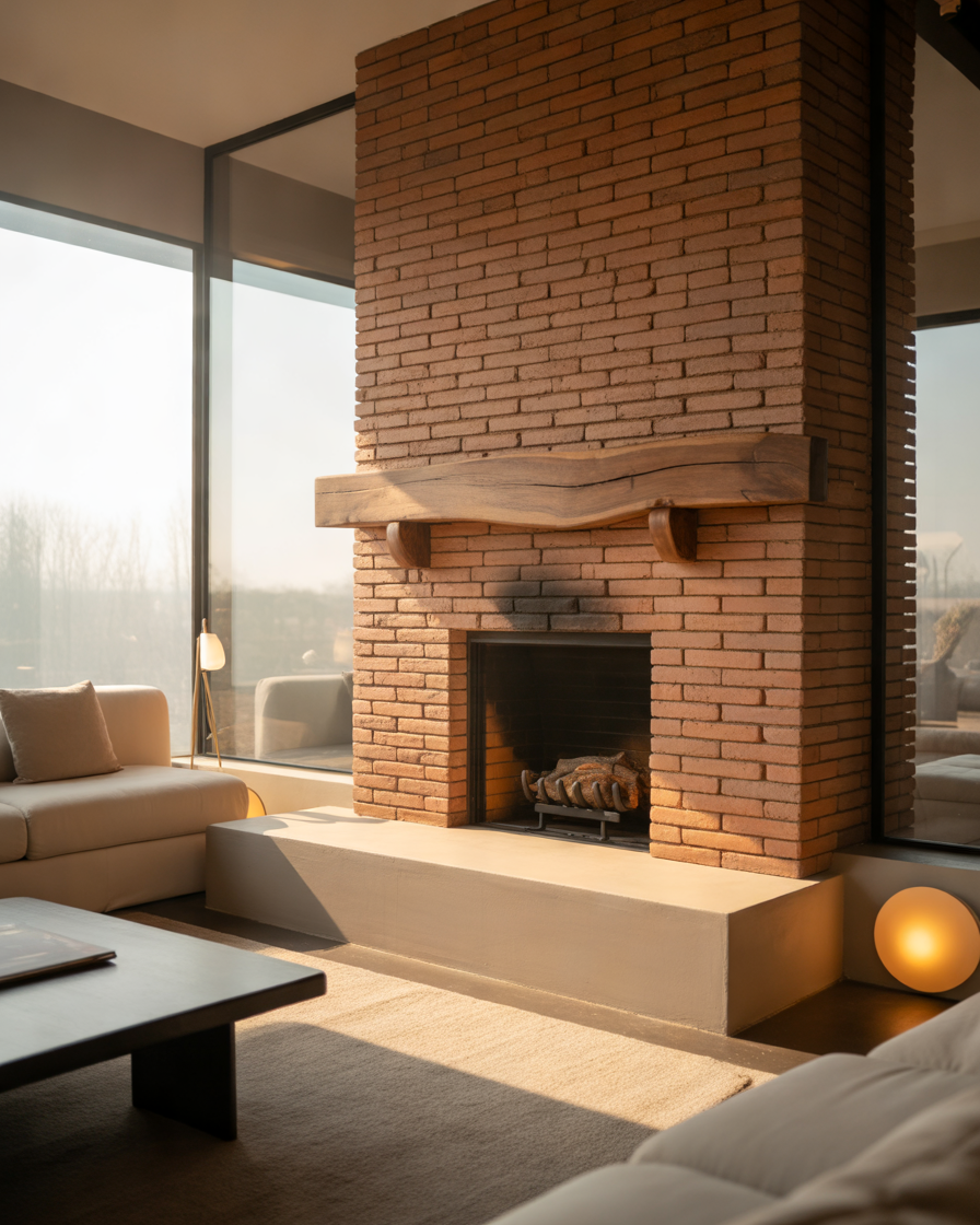 Modern-Brick-Fireplace-With-Concrete-and-Wood-Accents-for-a-Contemporary-Home