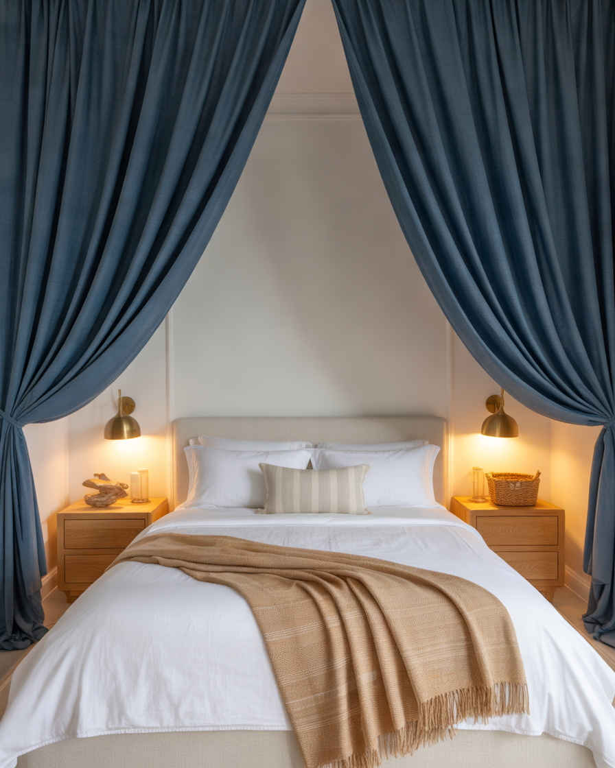 Navy-Blue-Blackout-Curtains-for-an-Elegant-Coastal-Bedroom