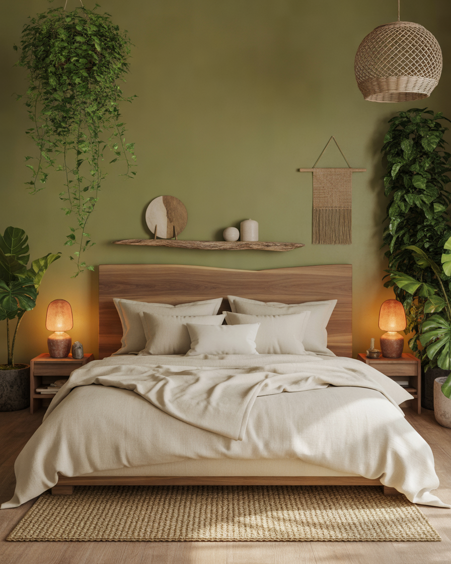 Olive-Green-Accent-Wall-for-a-Warm-Organic-Bedroom