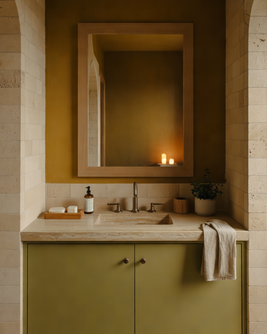Olive-Green-Bathroom-Cabinets-with-Warm-Wooden-Accents