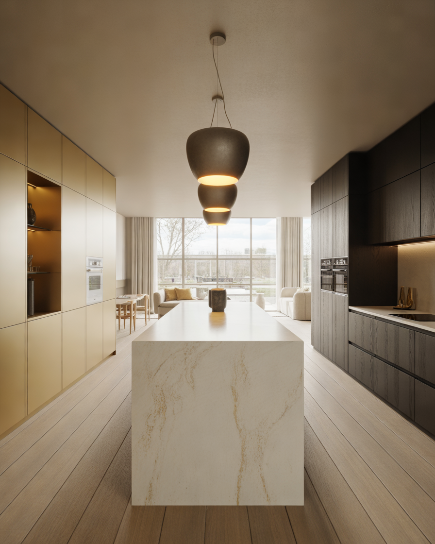 Open-Kitchen-With-Waterfall-Island-Countertop-for-a-Luxury-Contemporary-Style