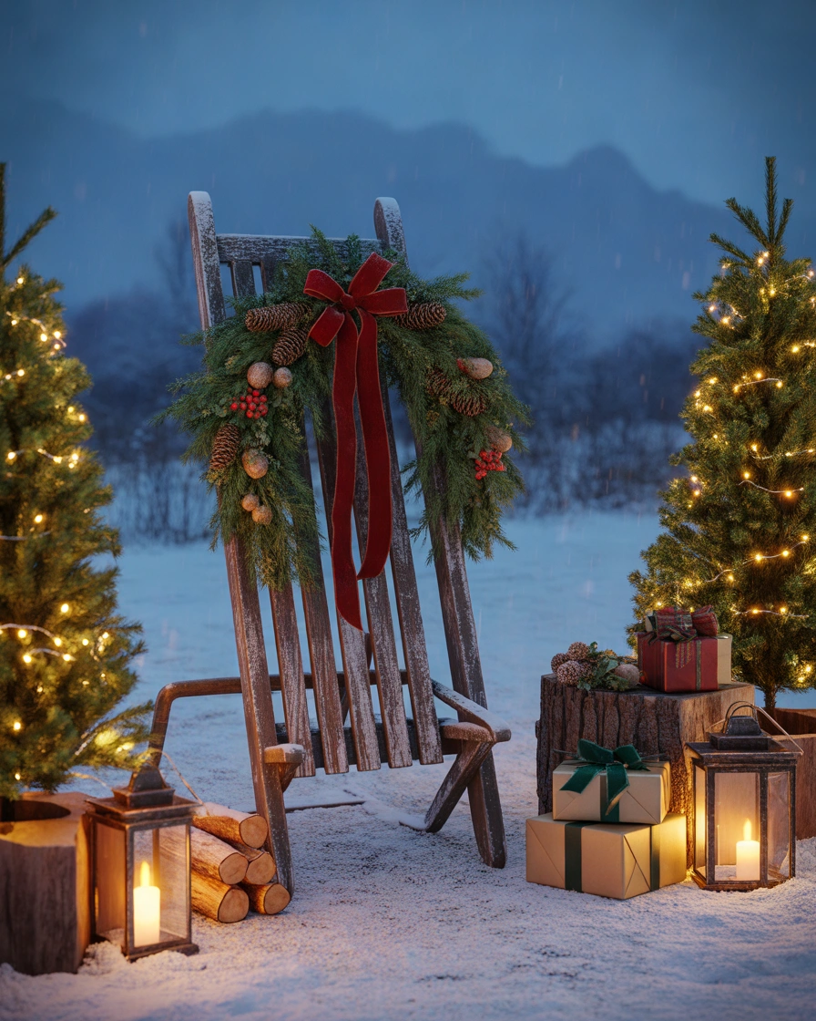 Outdoor Christmas Sled Scene with Trees and Lights