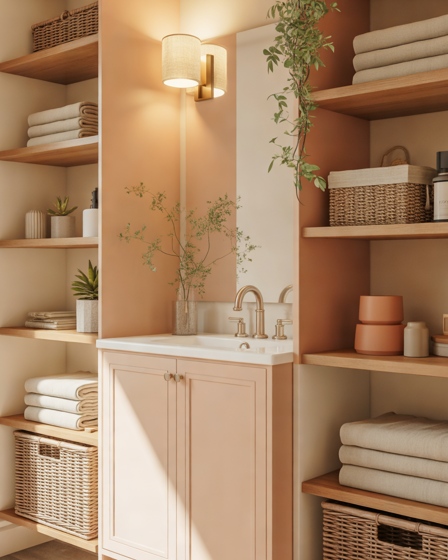 Pink-Bathroom-Vanity-With-Open-Shelving-Storage