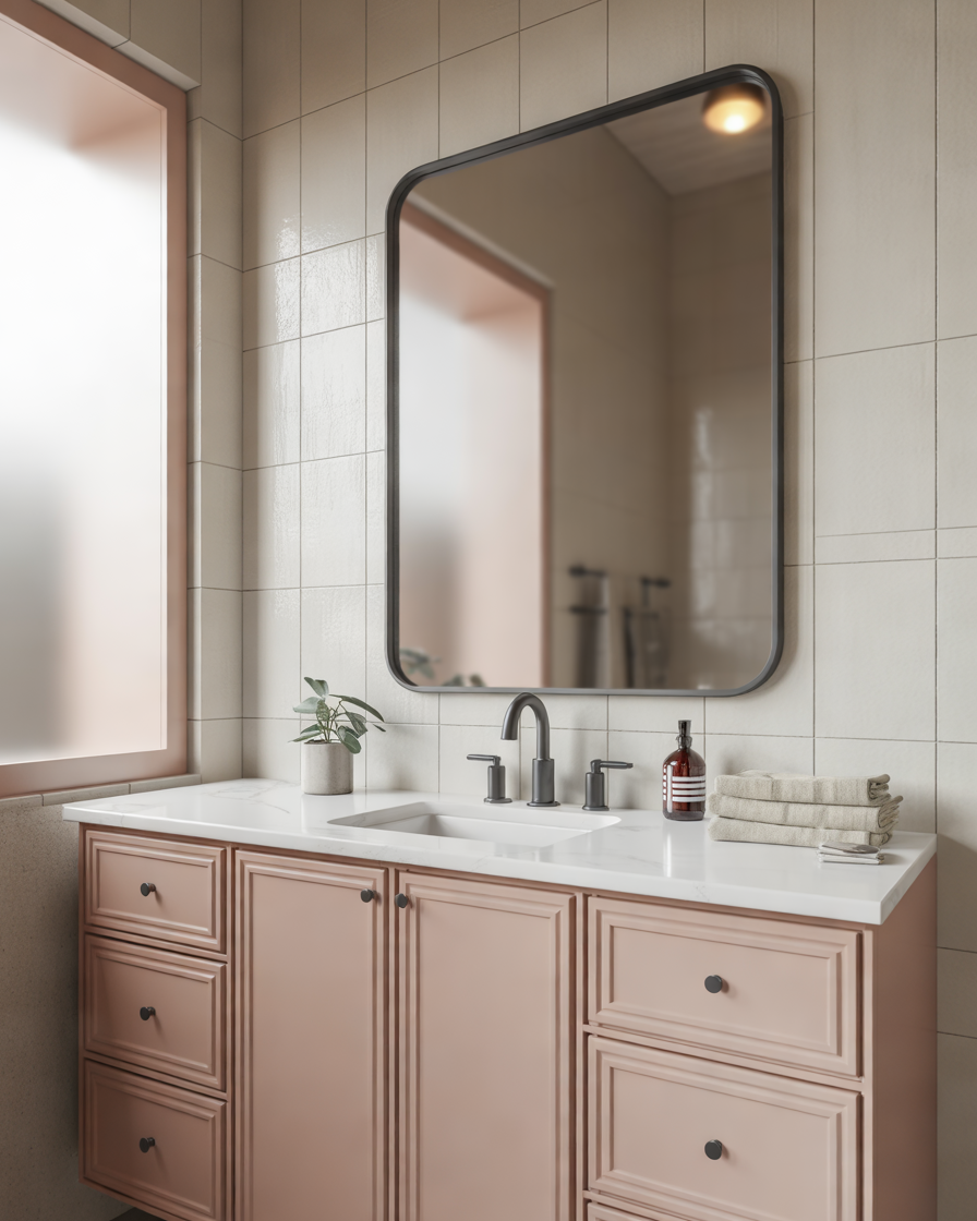 Pink-Vanity-With-Black-Fixtures-for-a-Modern-Contrast