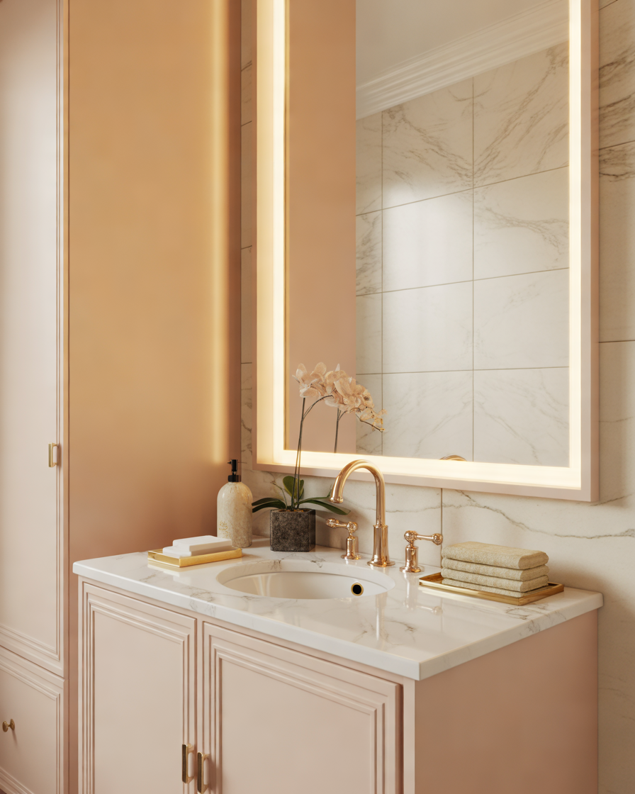 Pink-Vanity-With-White-Marble-Countertop-for-Luxury-Appeal