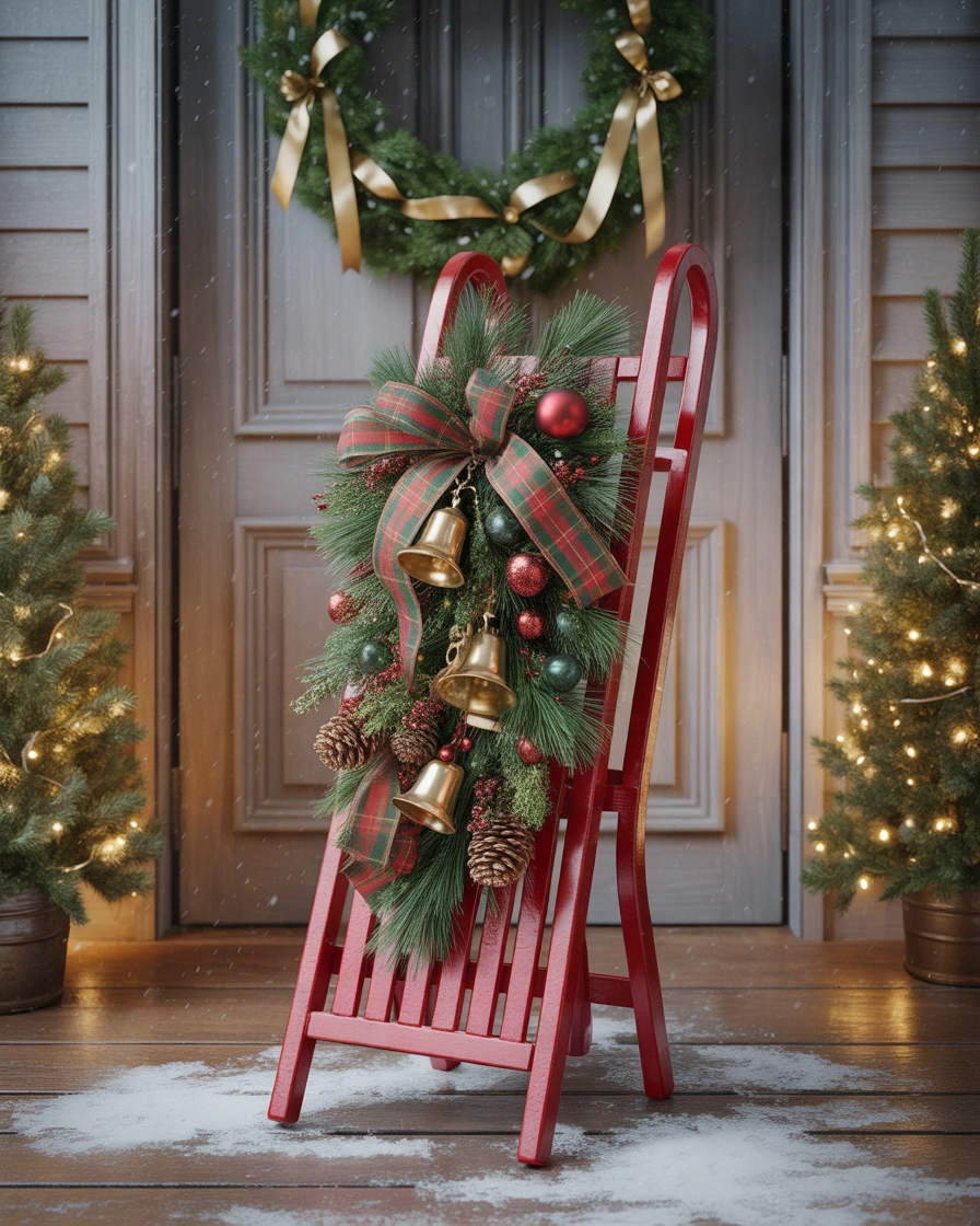 Red Christmas Sled with Traditional Holiday Decorations