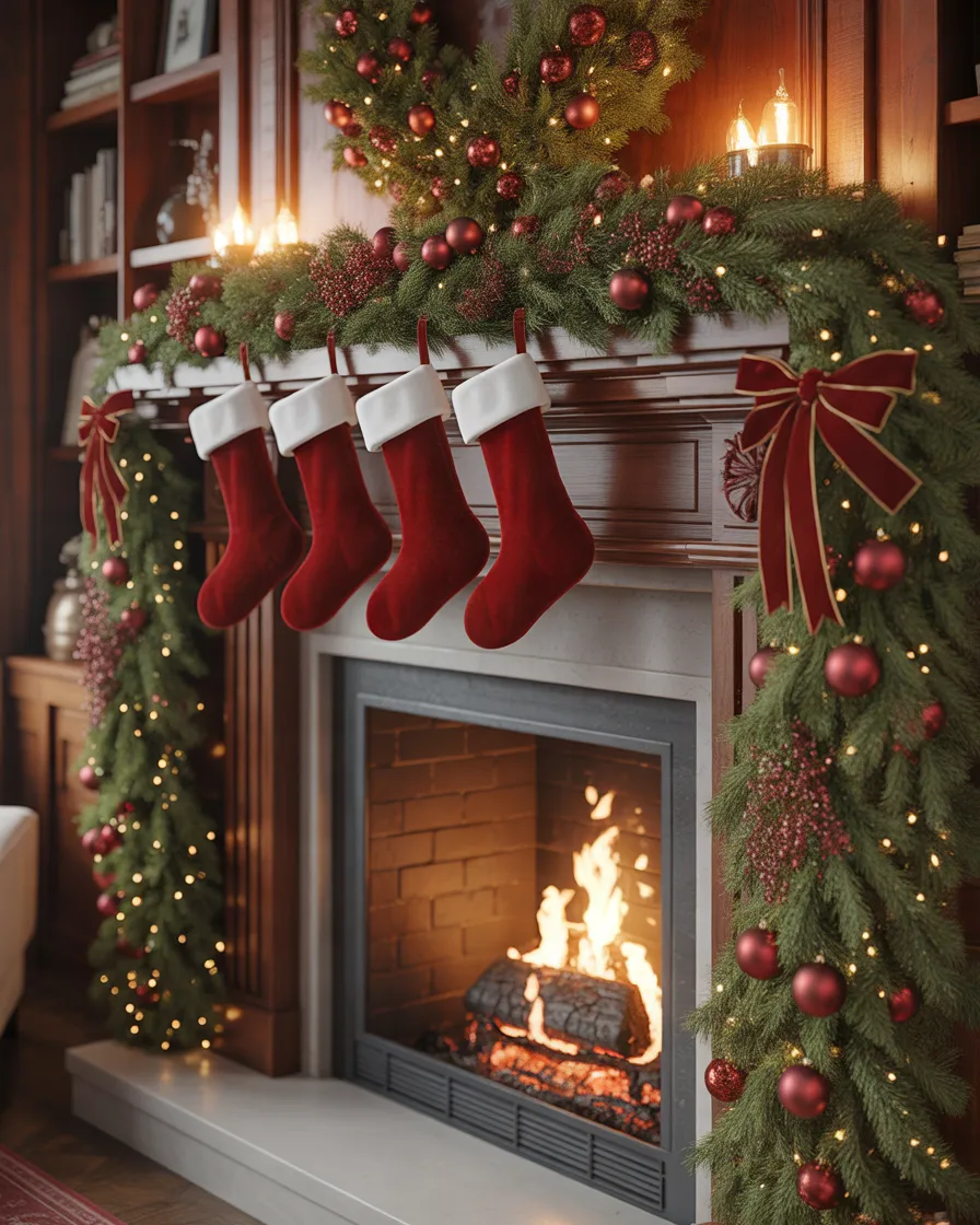 Red-and-Green-Traditional-Christmas-Fireplace