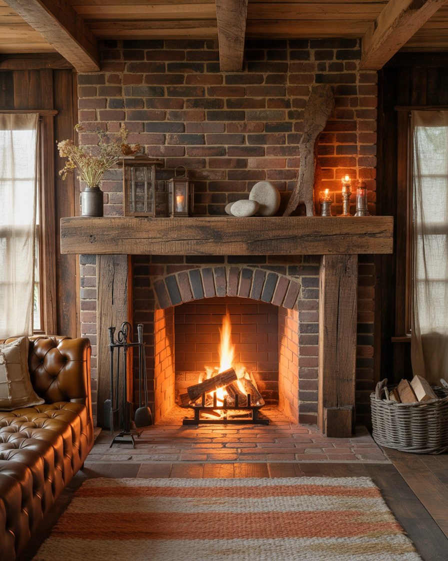 Rustic-Brick-Fireplace-With-Reclaimed-Wood-Mantel