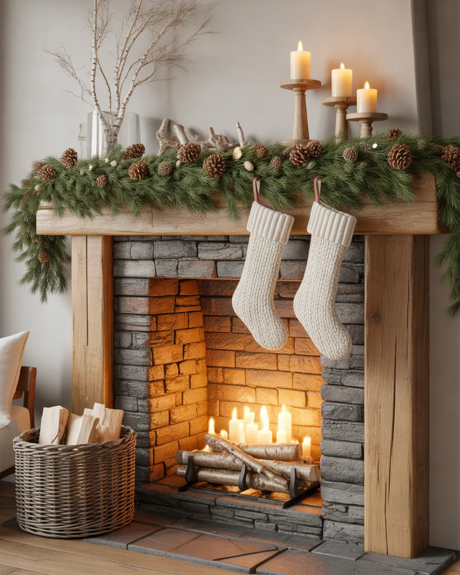 Rustic-Christmas-Fireplace-With-Pinecones-and-Wood