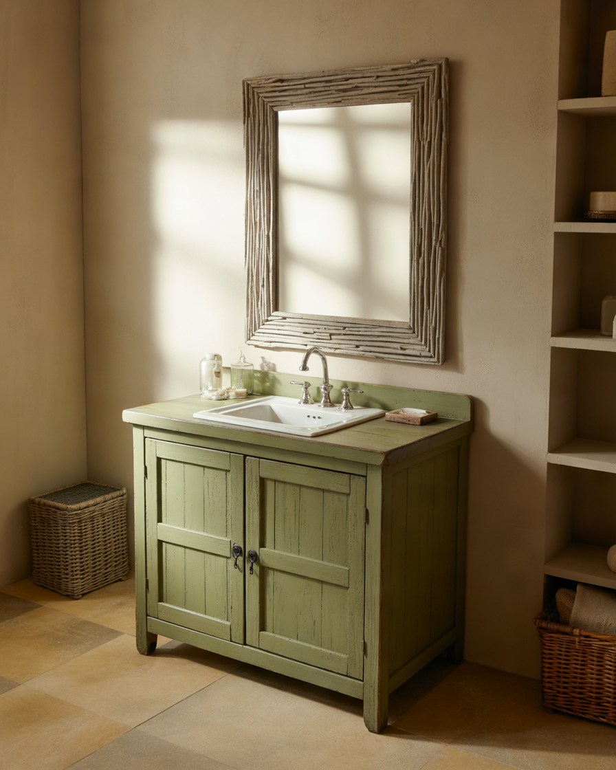 Rustic-Green-Bathroom-Cabinets-with-a-Distressed-Finish