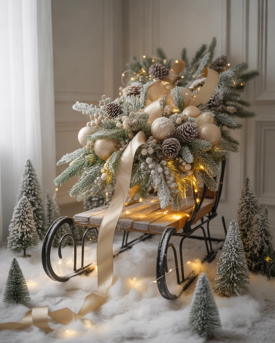 Snowy Flocked Christmas Sled Display
