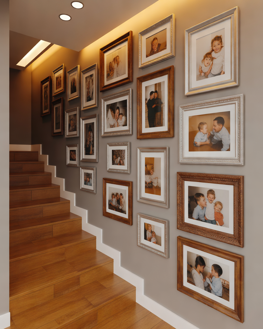 Staircase-Gallery-Wall-With-Family-Photos-and-Artwork