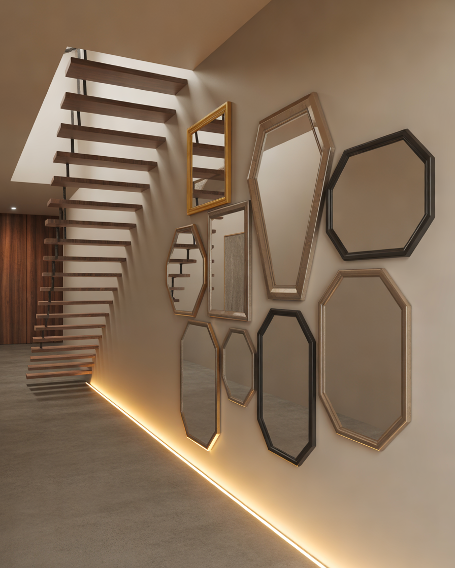 Staircase-Side-Wall-With-Decorative-Mirrors-for-a-Spacious-Feel