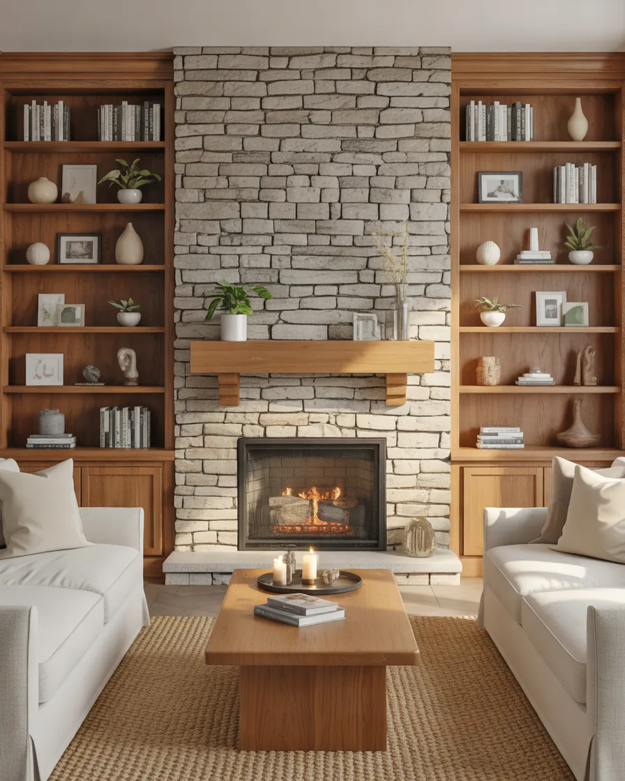 Stone-Fireplace-with-a-Natural-Wood-Mantel-and-Built-In-Shelving