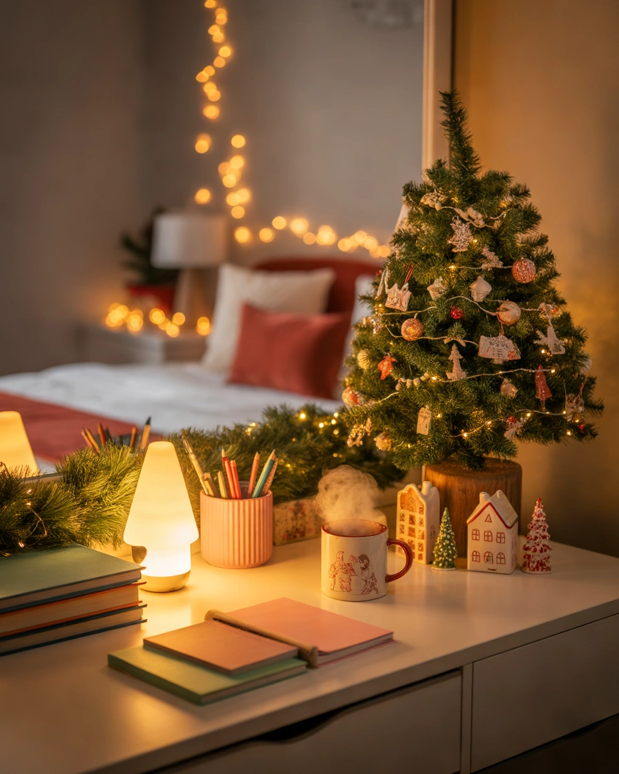 Style the Desk With Small Christmas Decorations