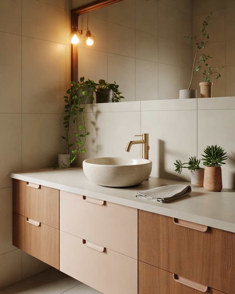 Two-Tone-Pink-and-Wood-Bathroom-Vanity-Design