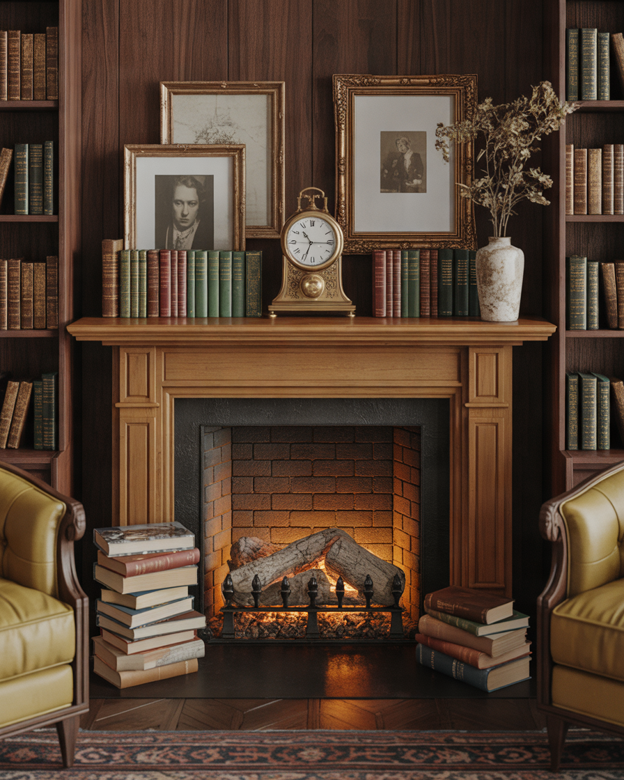 Use-Books-and-Vintage-Items-for-a-Collected-Fireplace-Mantel-Style