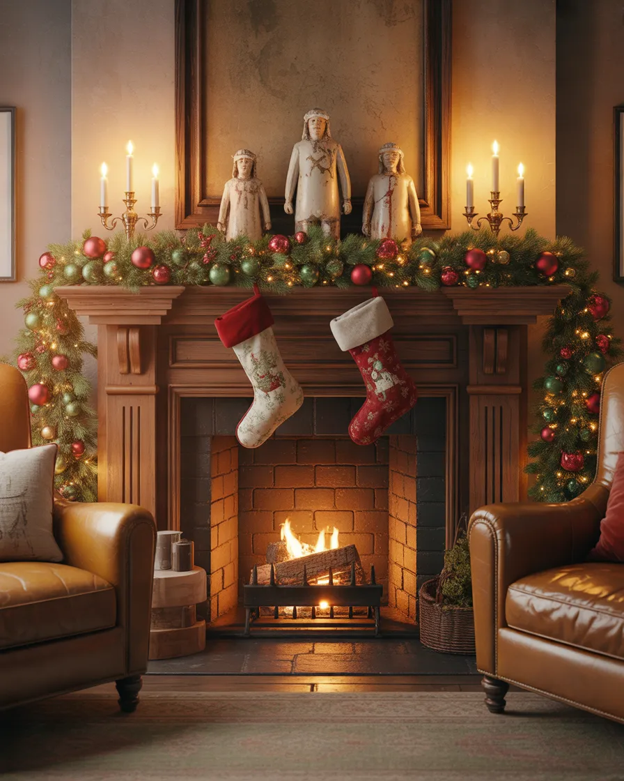 Vintage-Christmas-Fireplace-With-Nostalgic-Decorations
