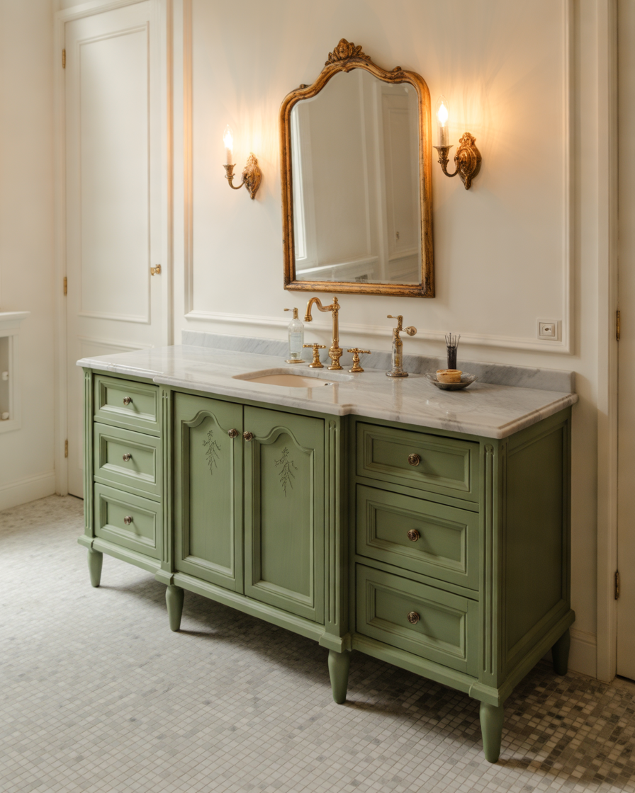 Vintage-Green-Bathroom-Cabinets-with-Antique-Brass-Details