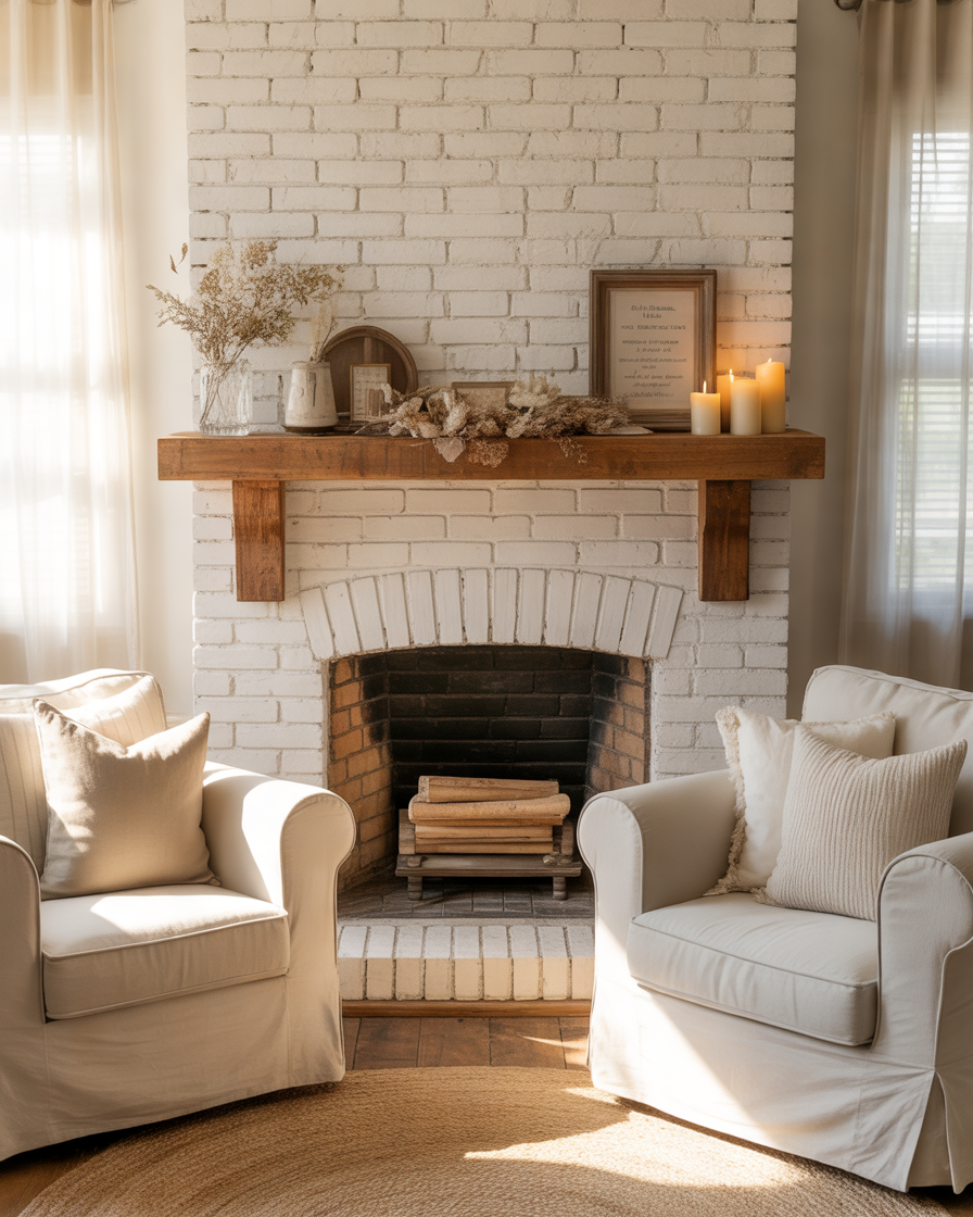 Whitewashed-Brick-Fireplace-for-a-Soft-Vintage-Appearance