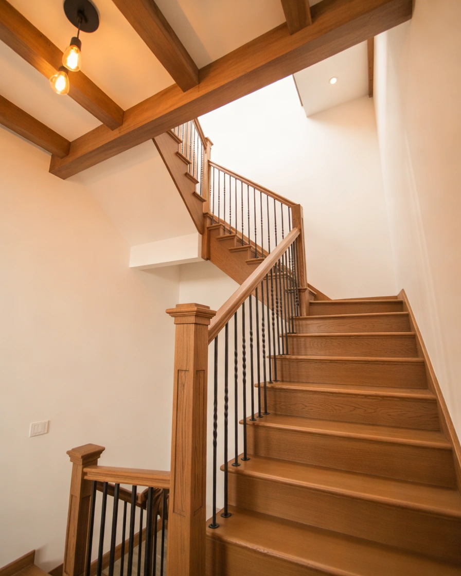 Wooden Beam Ceiling Over the Staircase