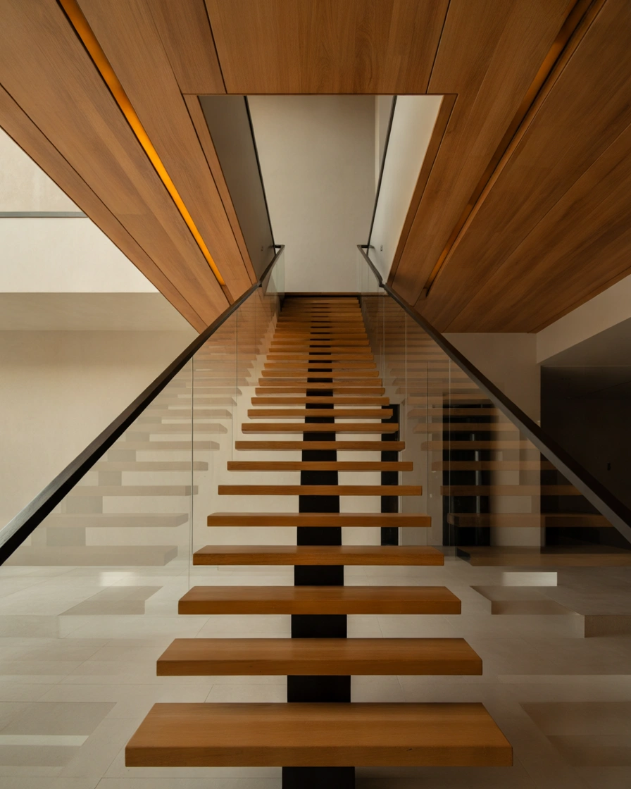Wooden Panel Stairs Ceiling Design
