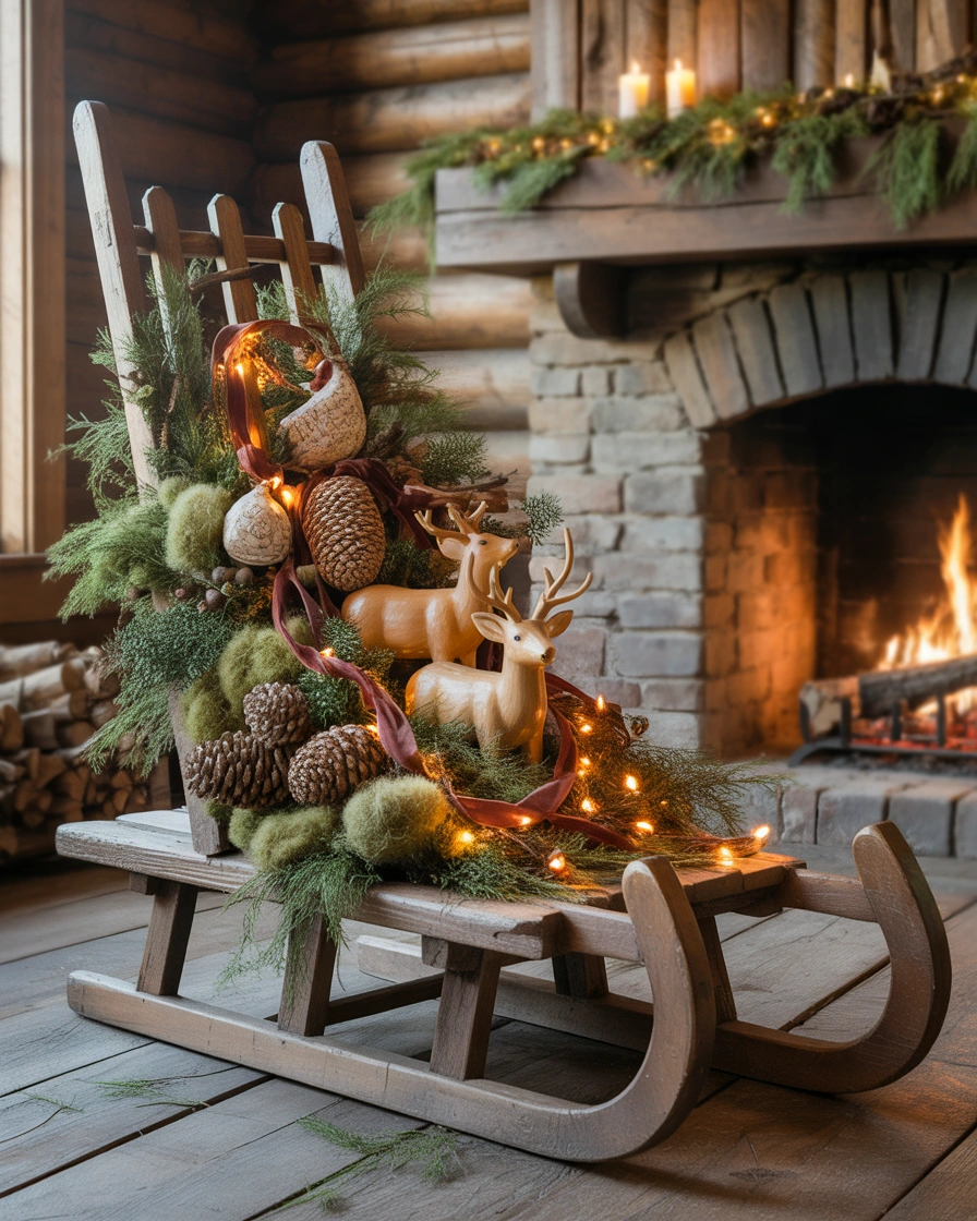 Woodland Christmas Sled with Pinecones and Forest Details